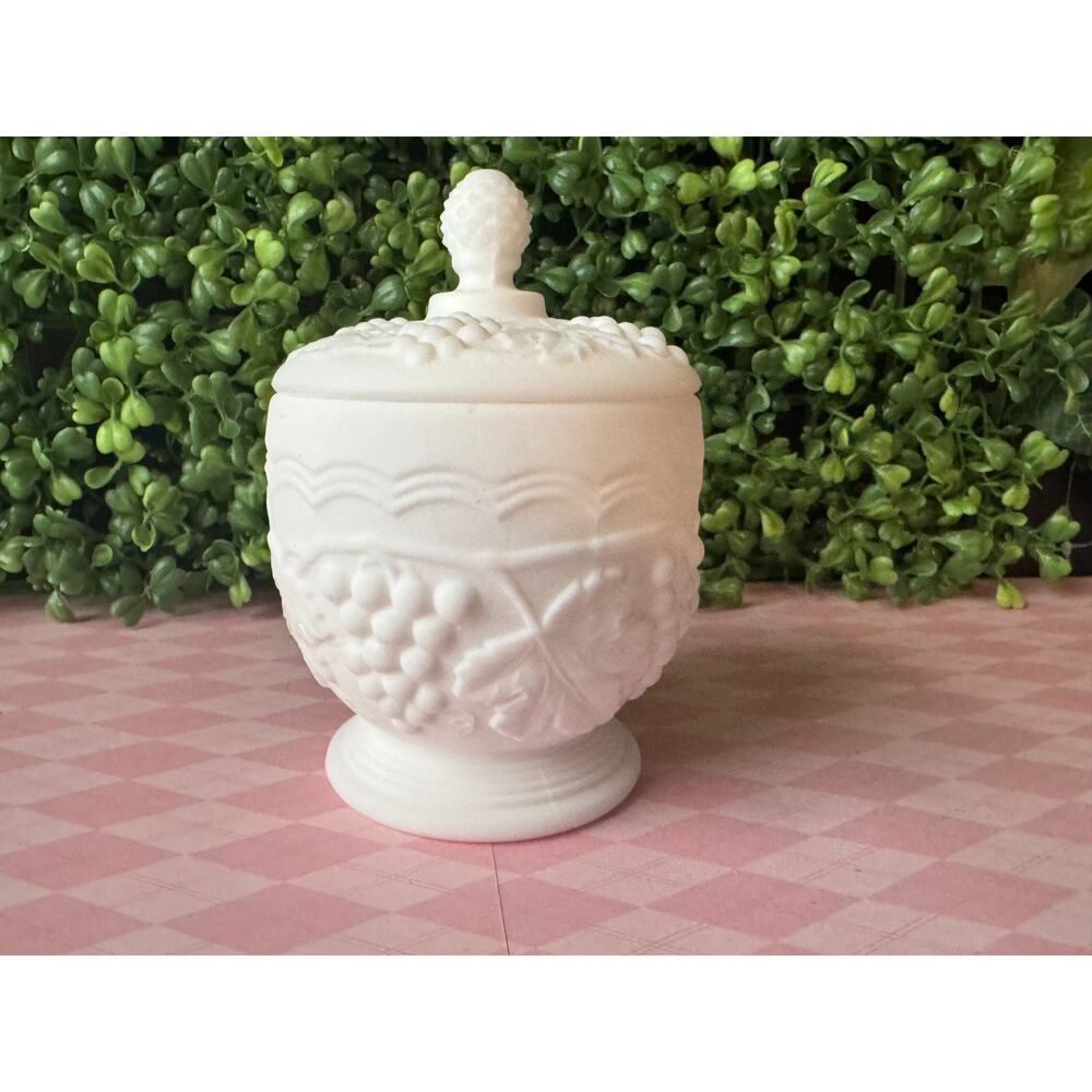 Custard Milk Glass Container Raised Grapes and Leaves